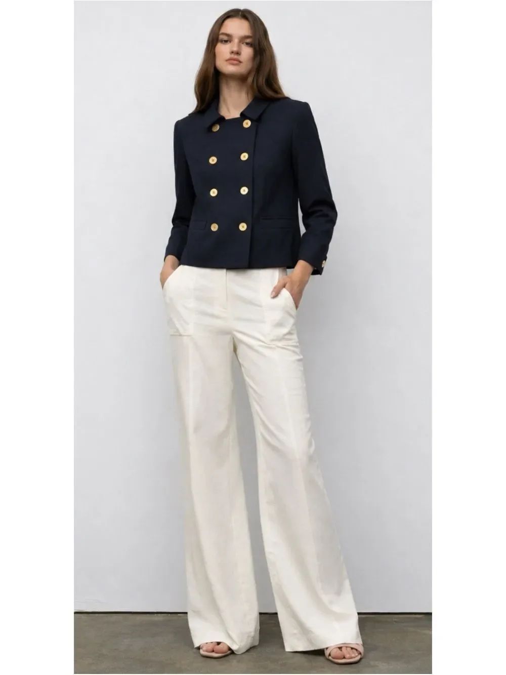 Iris Setlakwe Classy Navy Double-Breasted Cropped Jacket ~ Gold Buttons Size 8